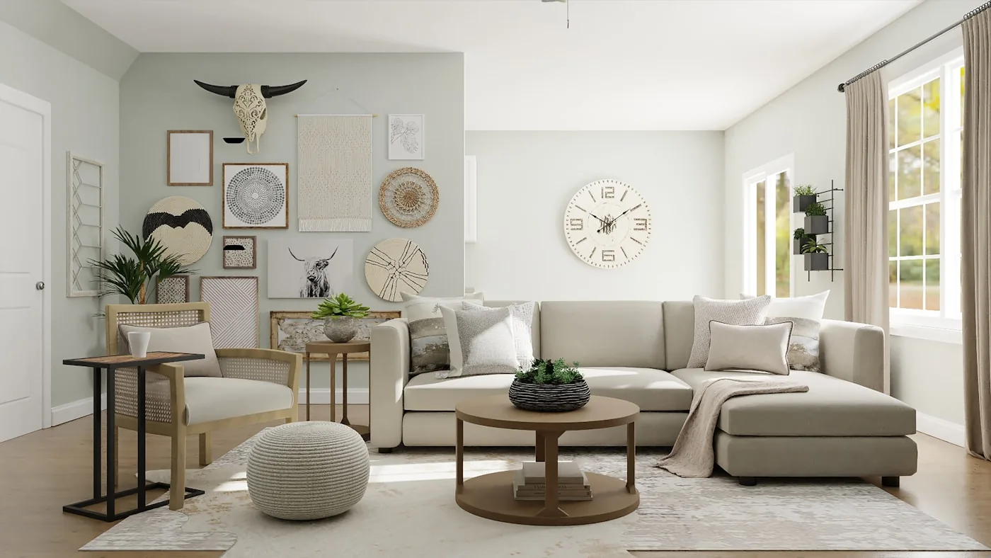 A refined living room with warm neutral furniture and layered lighting